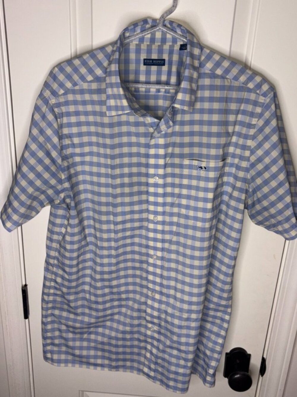 Fish Hippie Flatwater Short Sleeve Sport Shirt Blue Cream Gingham Performance L